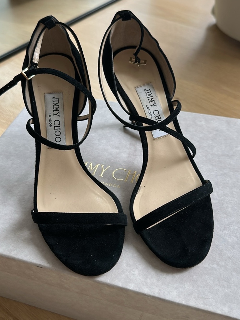 Jimmy Choo Black Suede Strappy Ankle-Tie Heels
